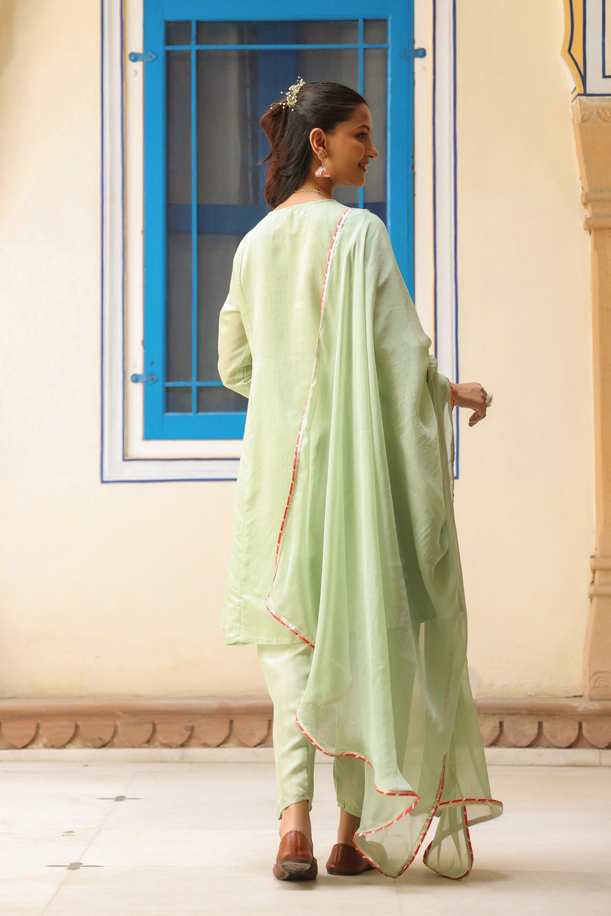 Pistagreen Chanderi Silk Dori Embroidered Anarkali Suit Set