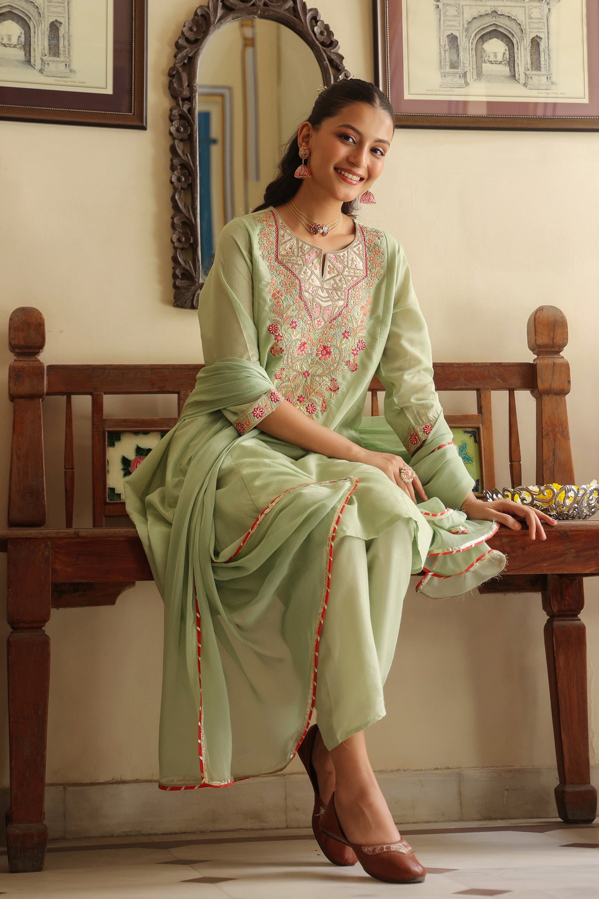 Pistagreen Chanderi Silk Dori Embroidered Anarkali Suit Set