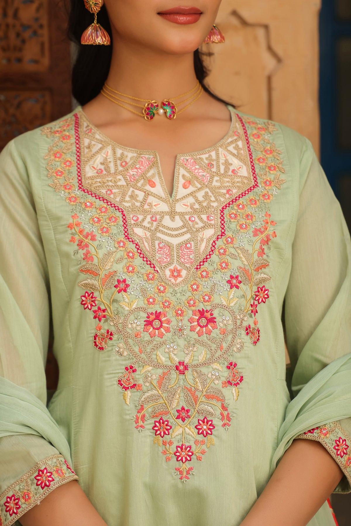 Pistagreen Chanderi Silk Dori Embroidered Anarkali Suit Set