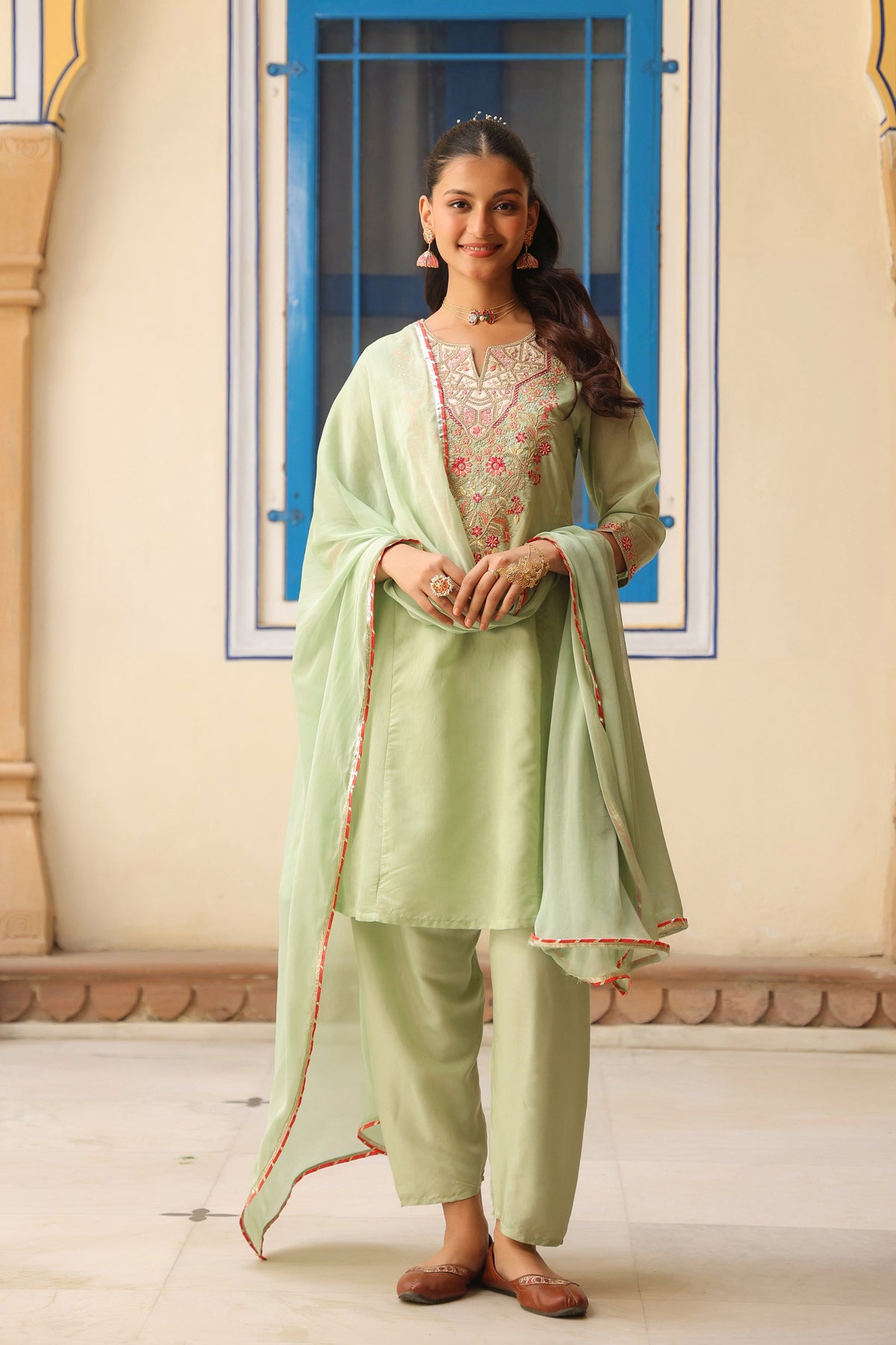 Pistagreen Chanderi Silk Dori Embroidered Anarkali Suit Set