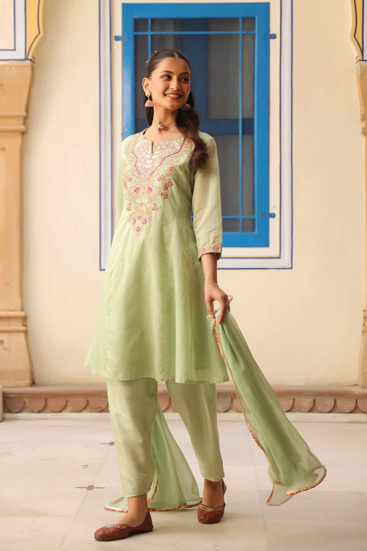 Pistagreen Chanderi Silk Dori Embroidered Anarkali Suit Set