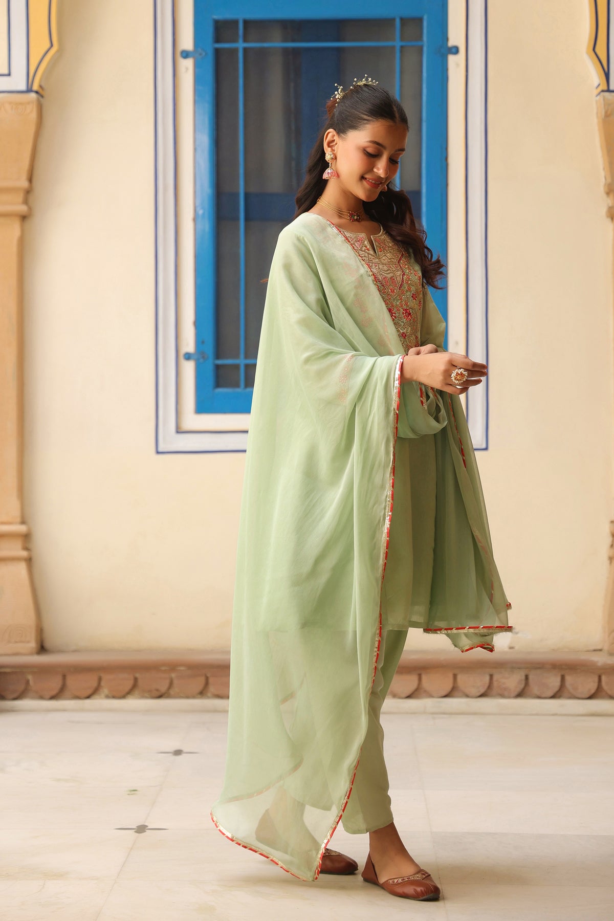Pistagreen Chanderi Silk Dori Embroidered Anarkali Suit Set