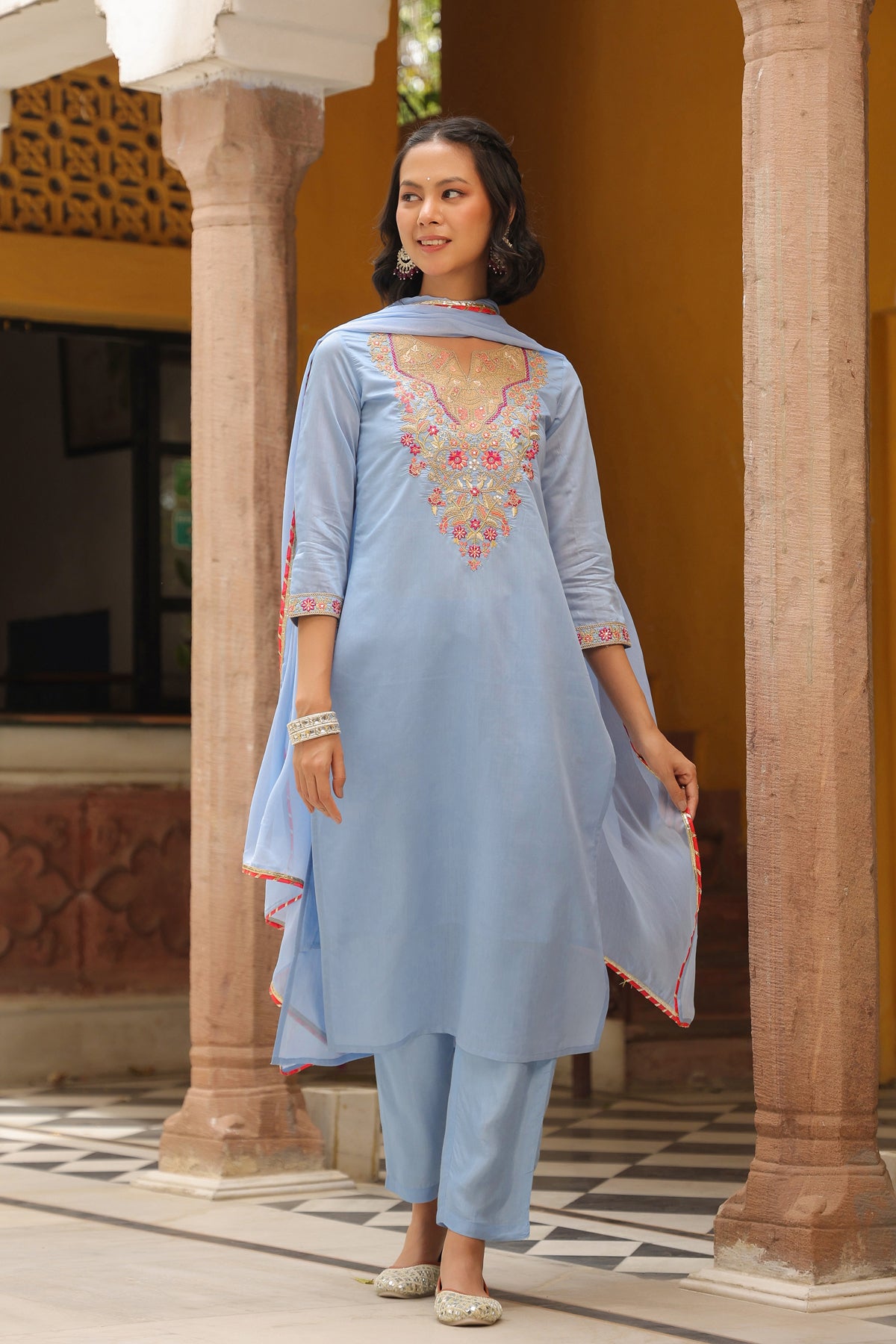 Blue Chanderi Silk Embroidered Straight Suit Set