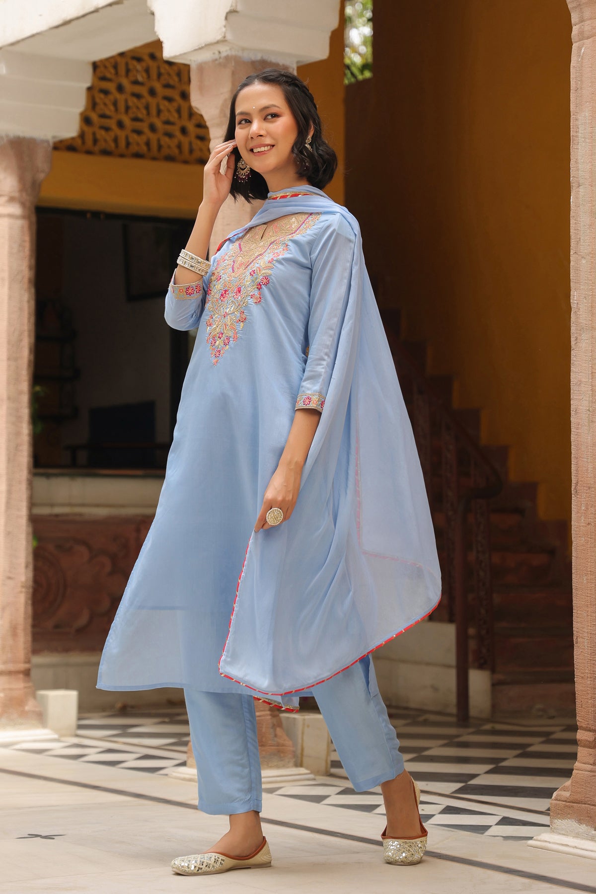 Blue Chanderi Silk Embroidered Straight Suit Set