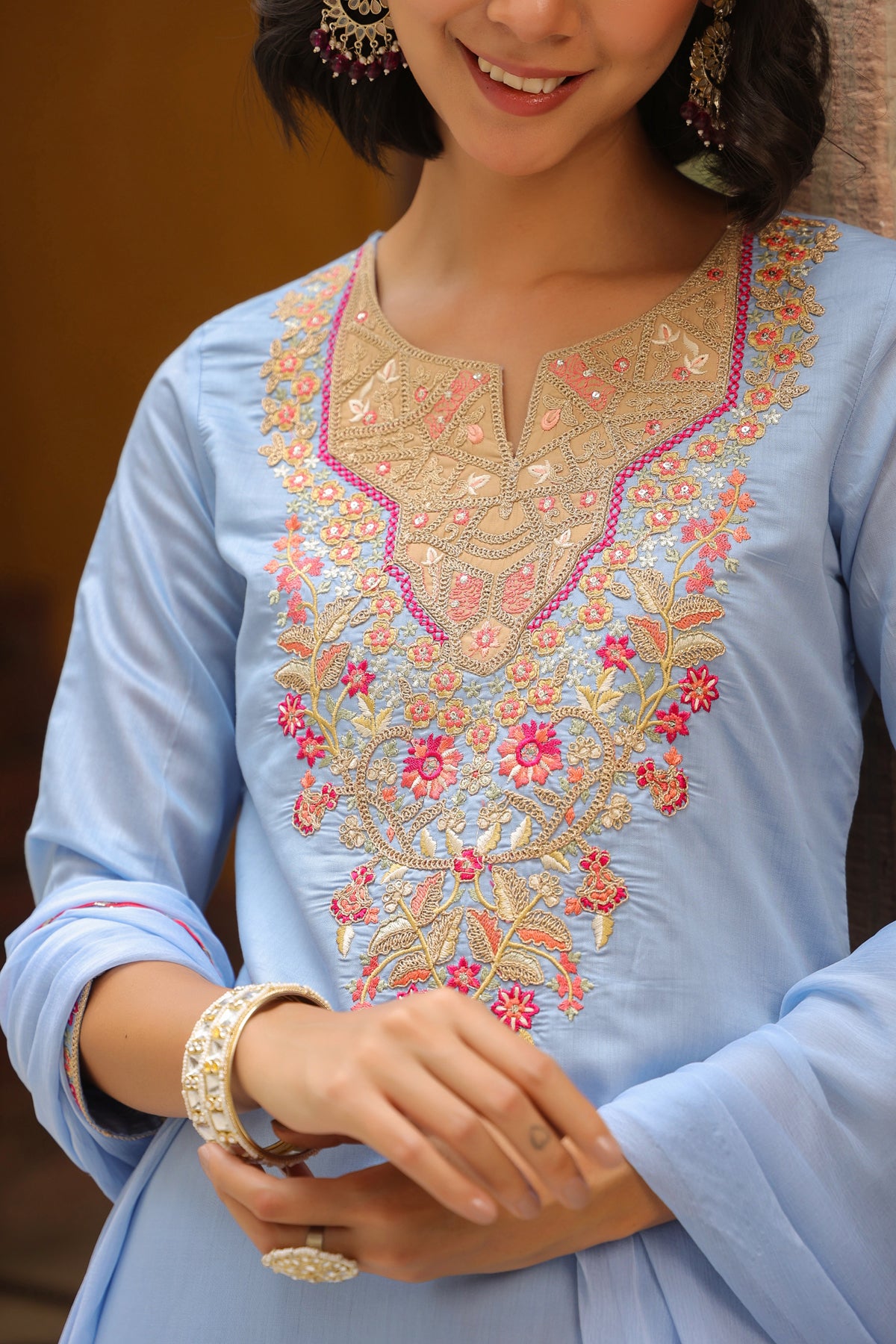 Blue Chanderi Silk Embroidered Straight Suit Set