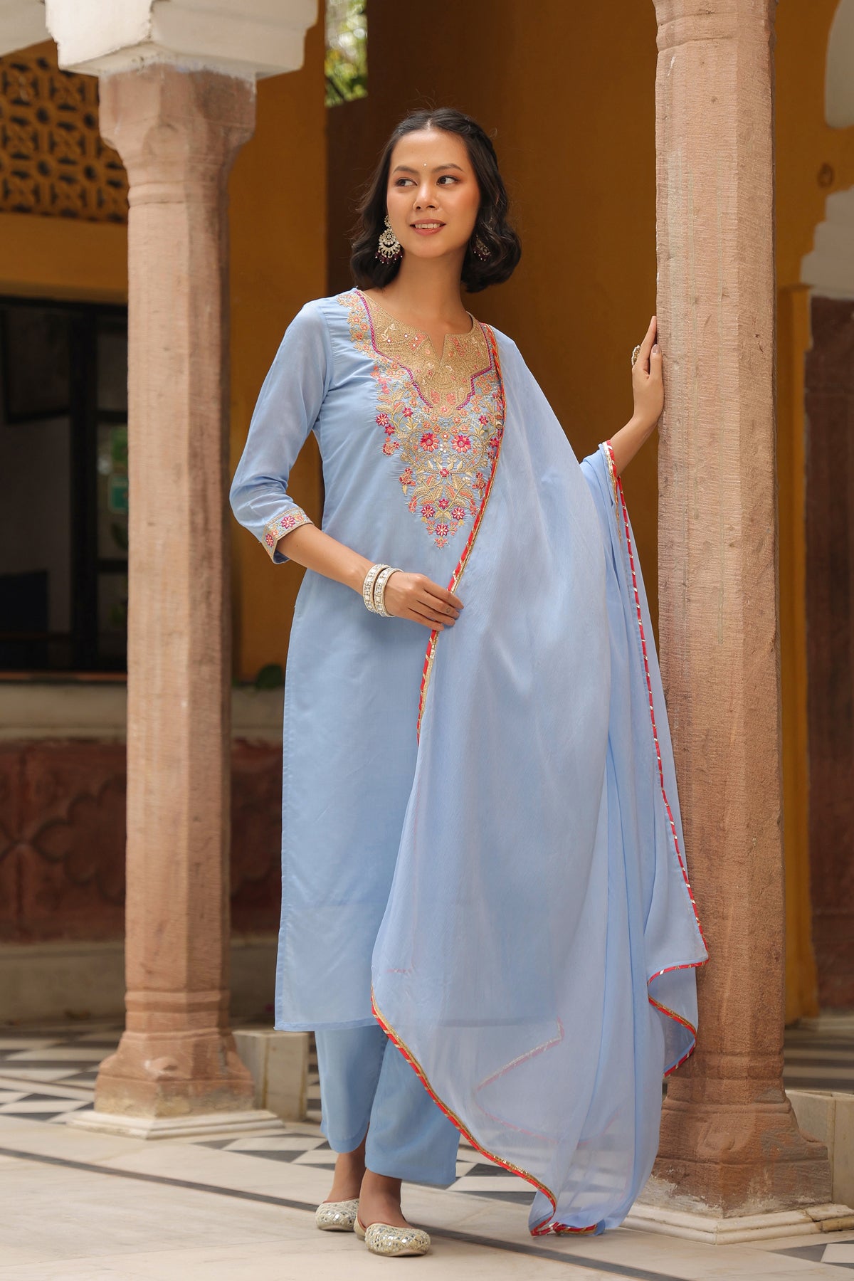 Blue Chanderi Silk Embroidered Straight Suit Set
