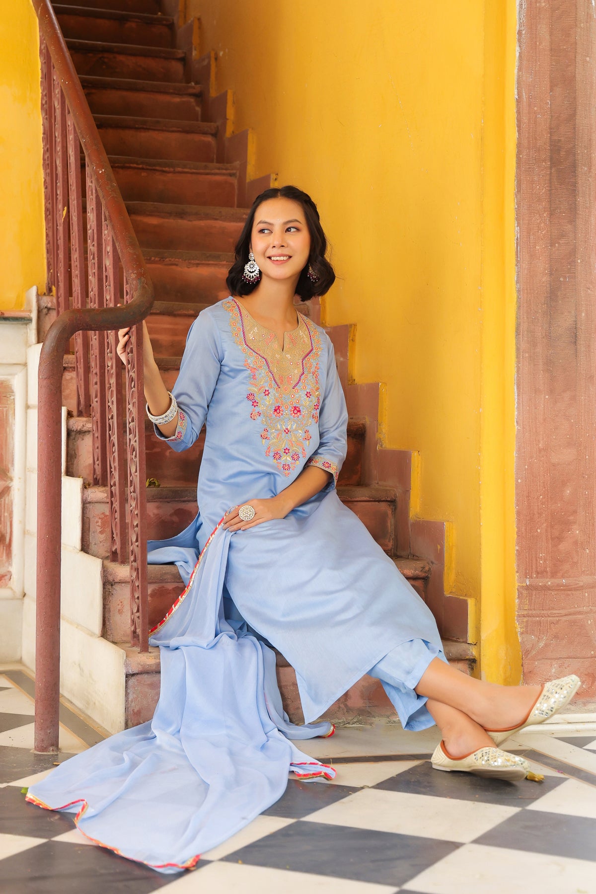 Blue Chanderi Silk Embroidered Straight Suit Set