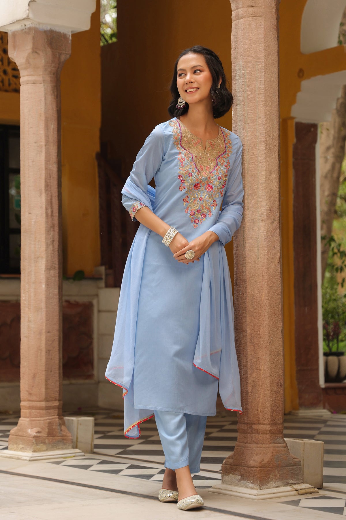 Blue Chanderi Silk Embroidered Straight Suit Set