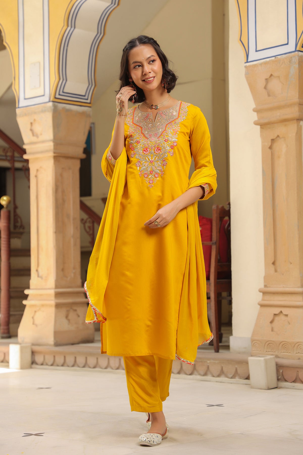 Mustard Chanderi Silk Embroidered Straight Suit Set