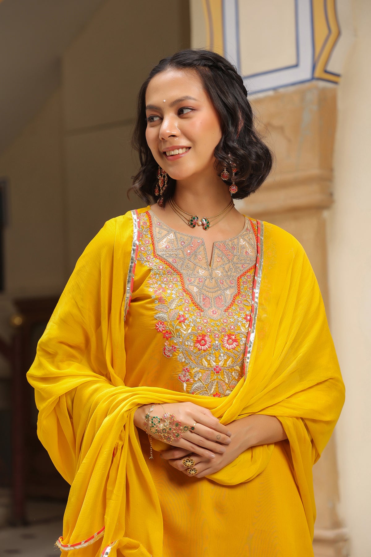 Mustard Chanderi Silk Embroidered Straight Suit Set