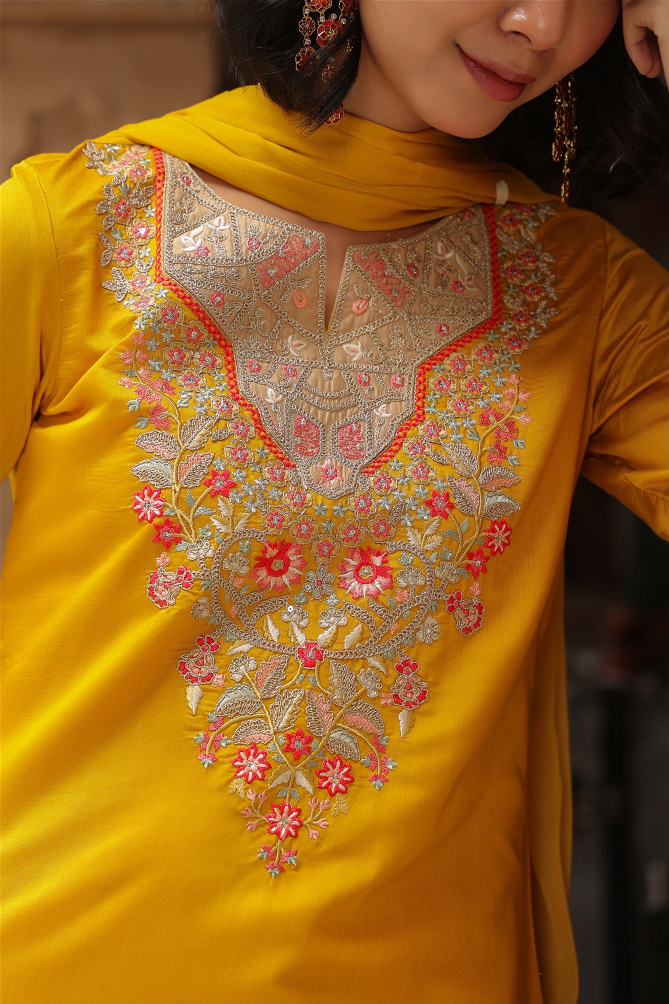 Mustard Chanderi Silk Embroidered Straight Suit Set