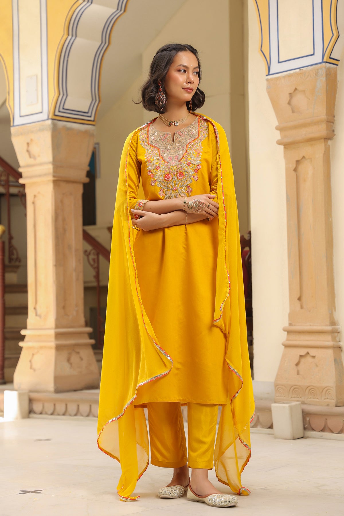 Mustard Chanderi Silk Embroidered Straight Suit Set