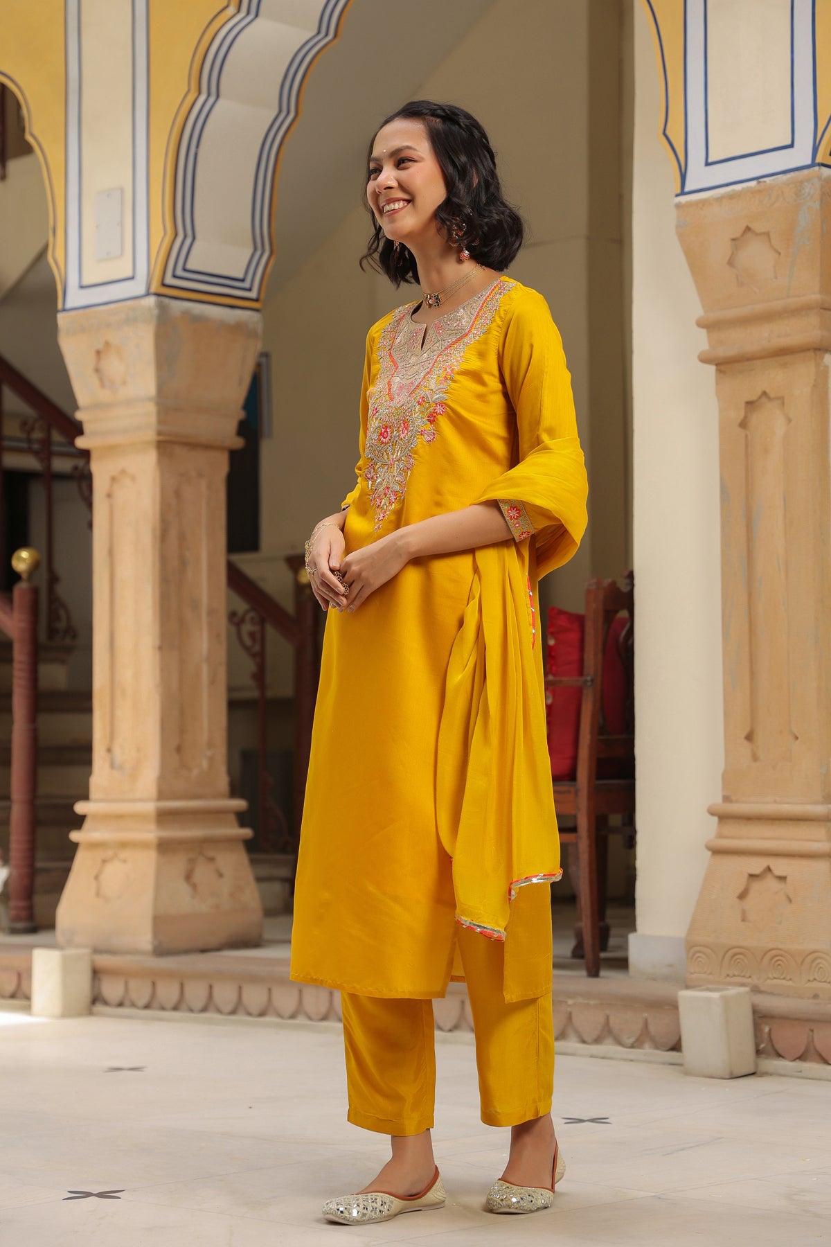 Mustard Chanderi Silk Embroidered Straight Suit Set