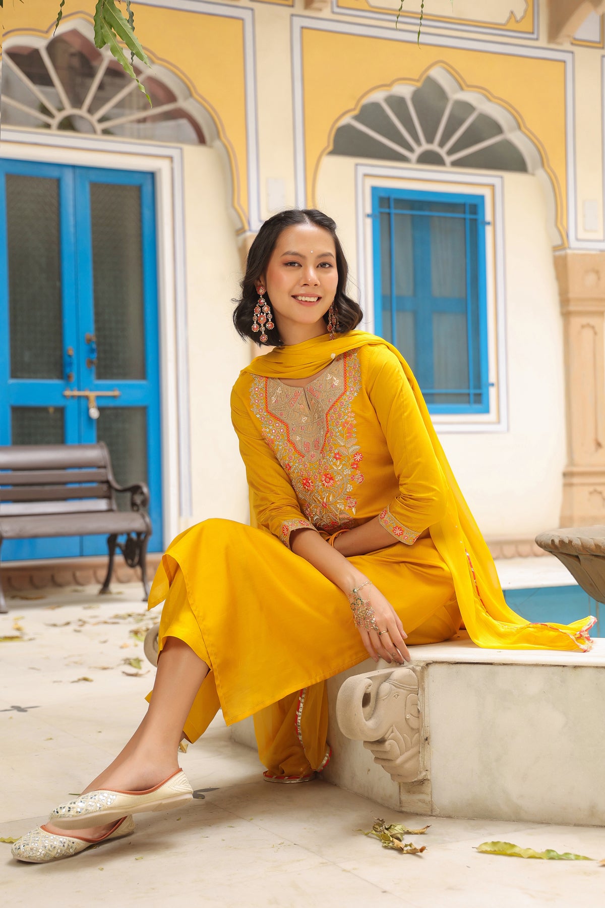 Mustard Chanderi Silk Embroidered Straight Suit Set