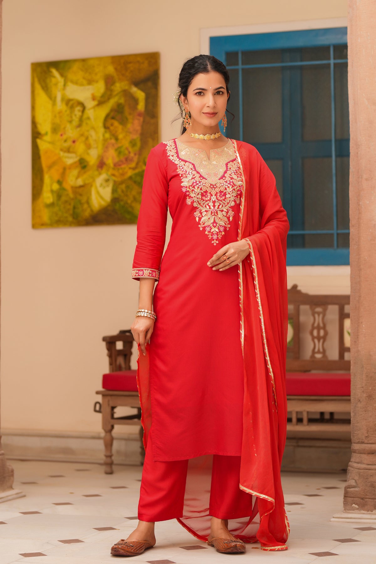 Red Chanderi Silk Embroidered Straight Suit Set