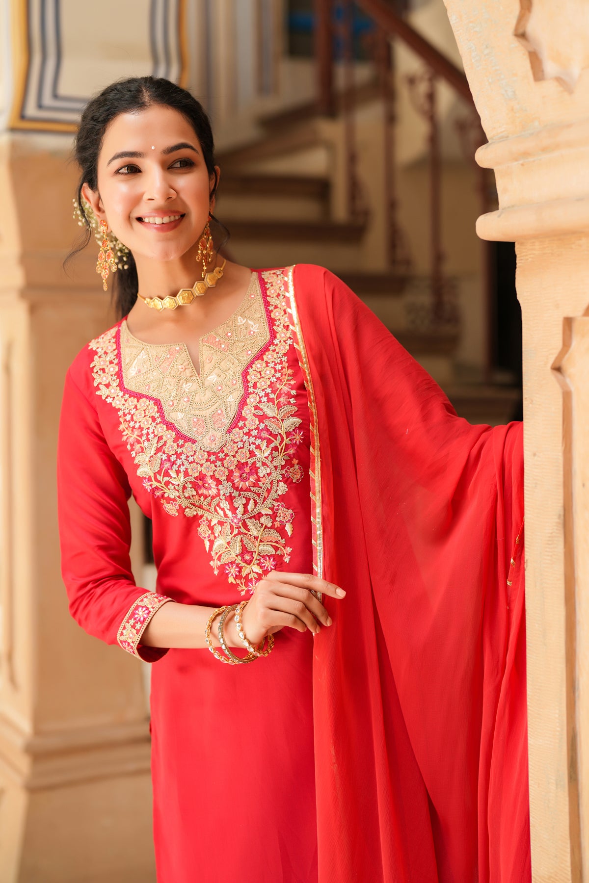 Red Chanderi Silk Embroidered Straight Suit Set