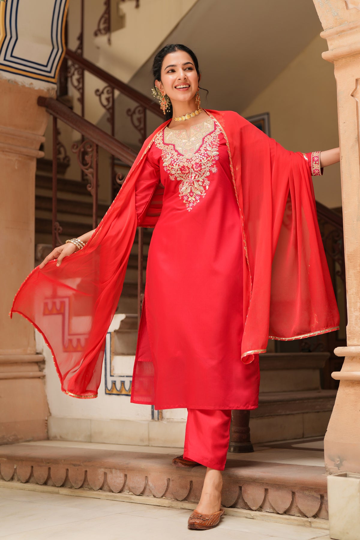 Red Chanderi Silk Embroidered Straight Suit Set