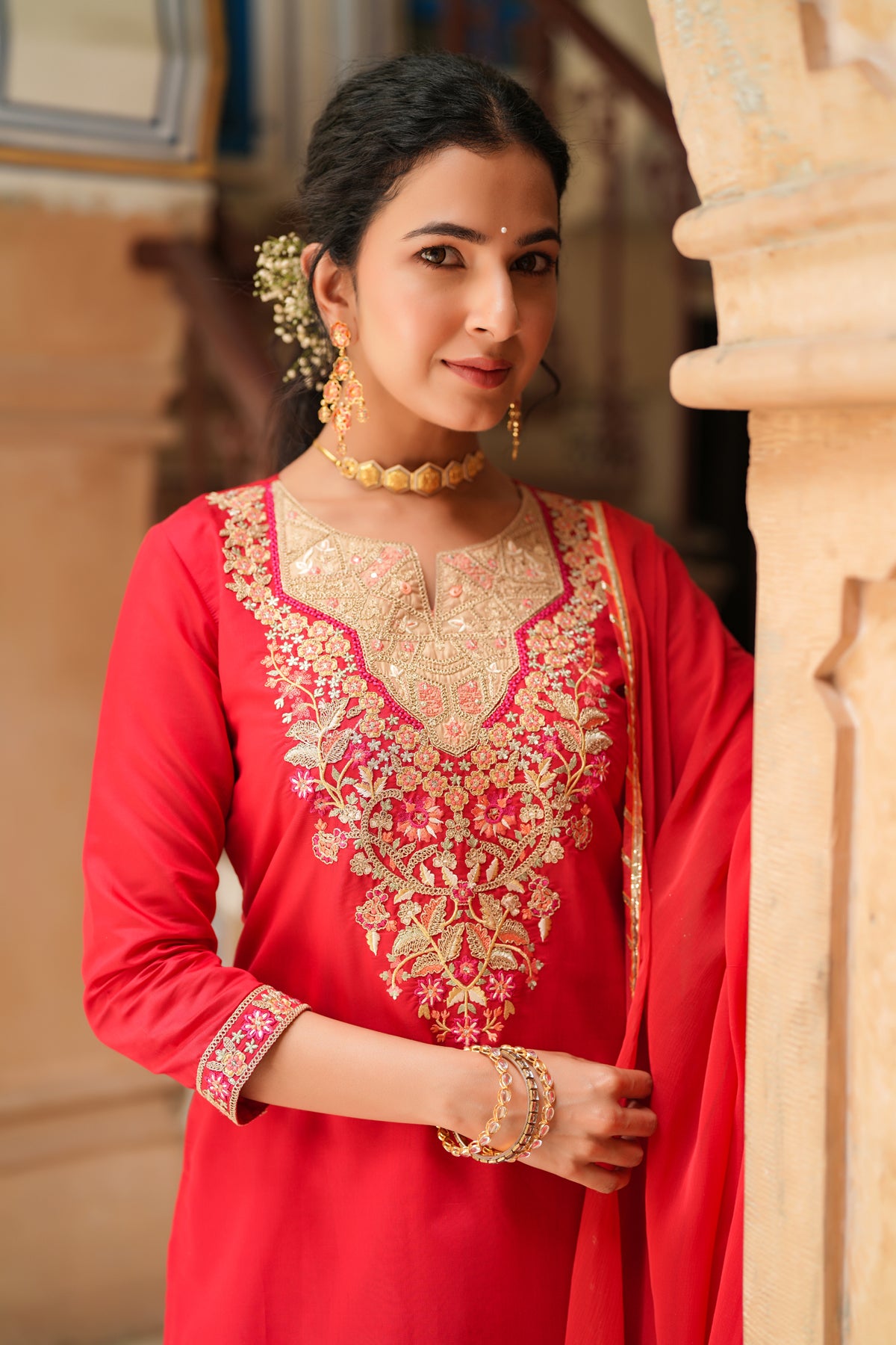 Red Chanderi Silk Embroidered Straight Suit Set
