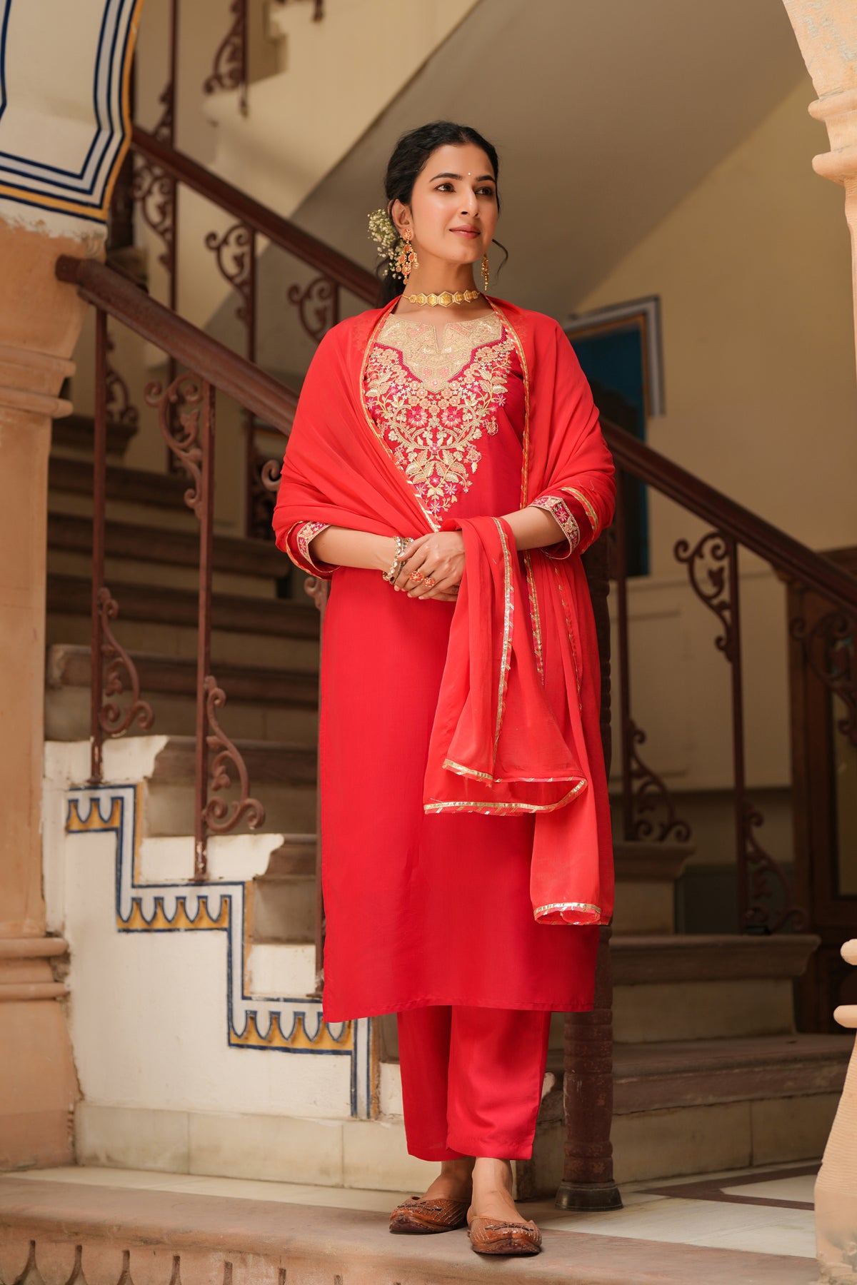 Red Chanderi Silk Embroidered Straight Suit Set