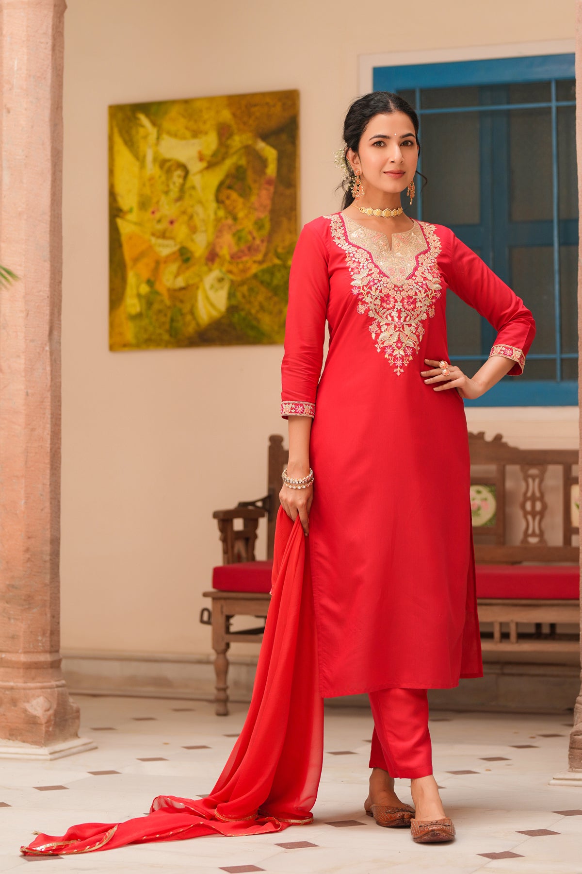 Red Chanderi Silk Embroidered Straight Suit Set