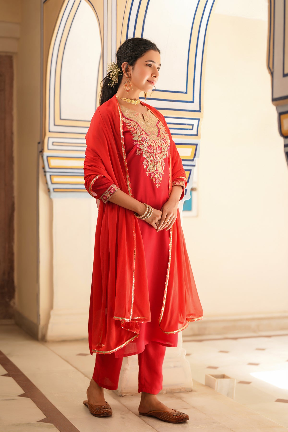 Red Chanderi Silk Embroidered Straight Suit Set