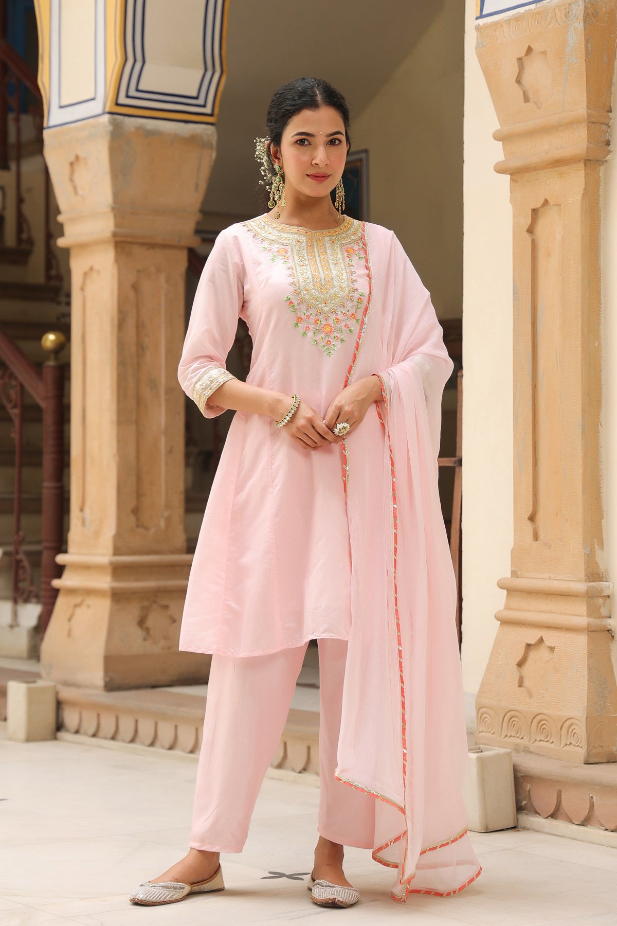 Pink Chanderi Silk Embroidered Anarkali Set