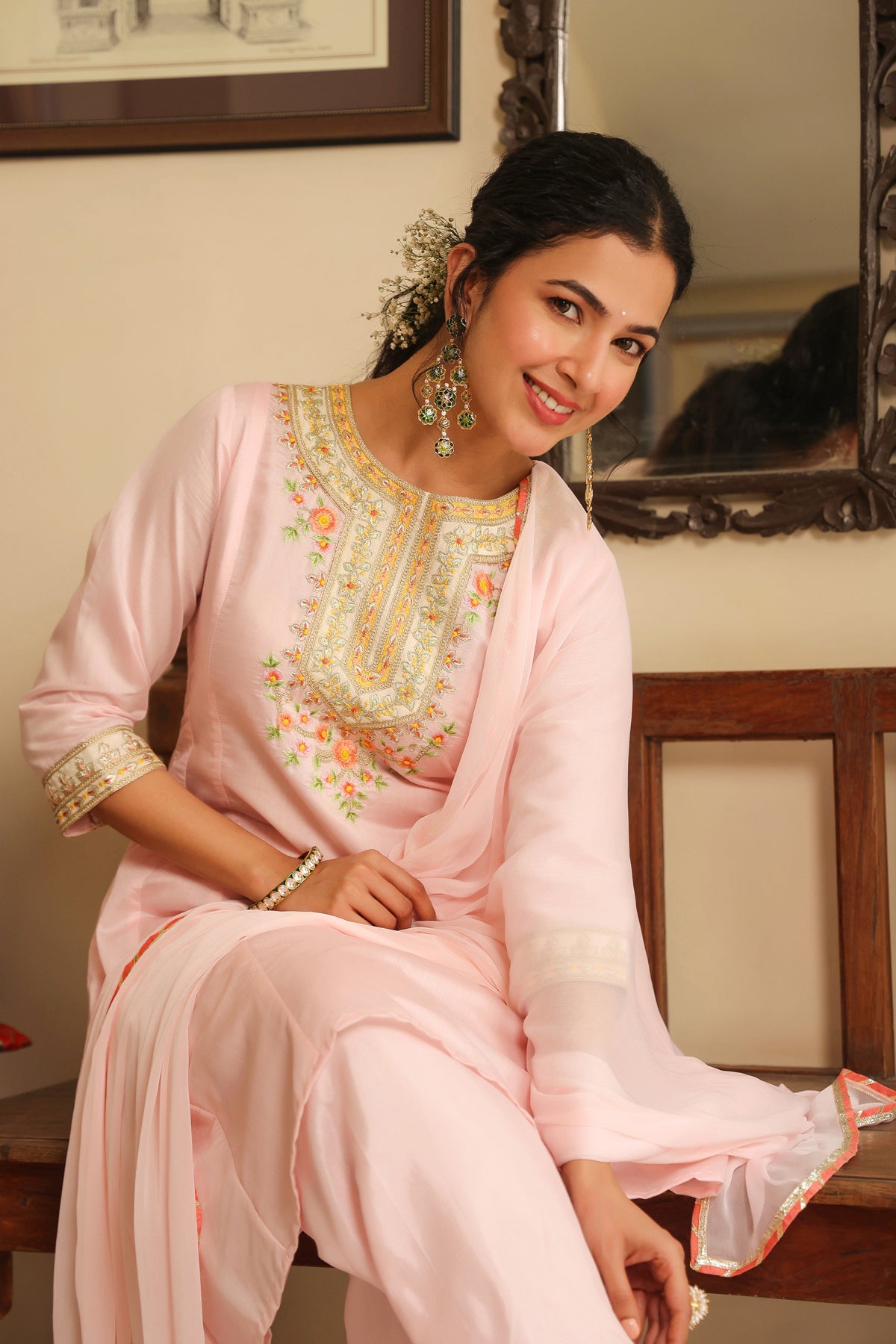 Pink Chanderi Silk Embroidered Anarkali Set