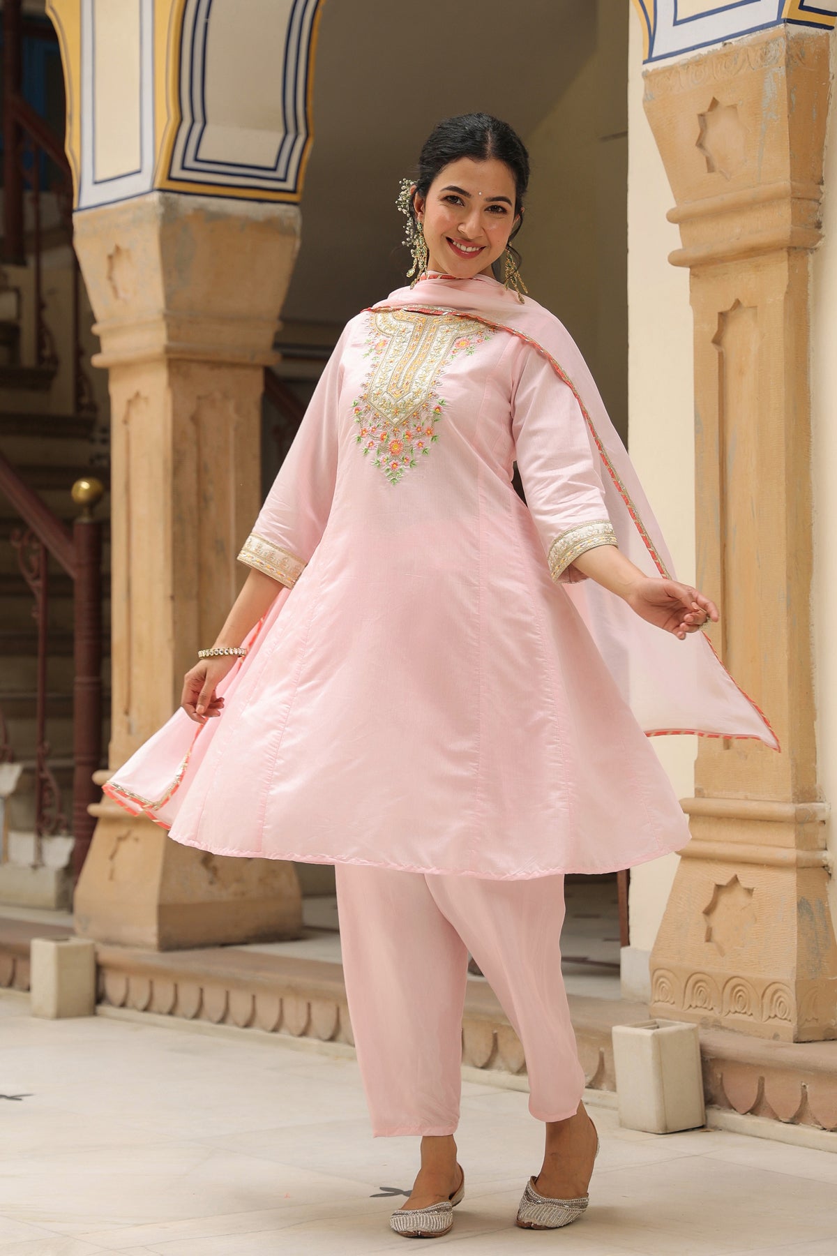 Pink Chanderi Silk Embroidered Anarkali Set