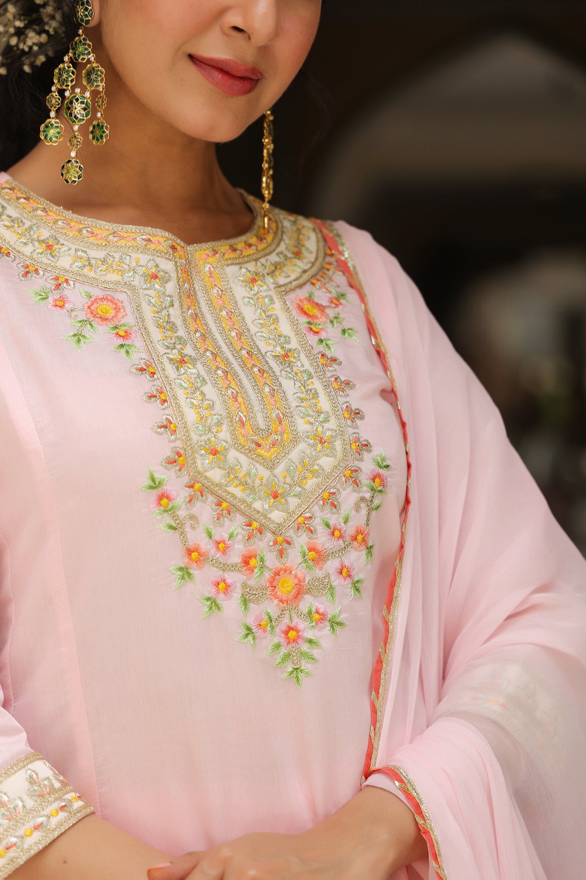 Pink Chanderi Silk Embroidered Anarkali Set