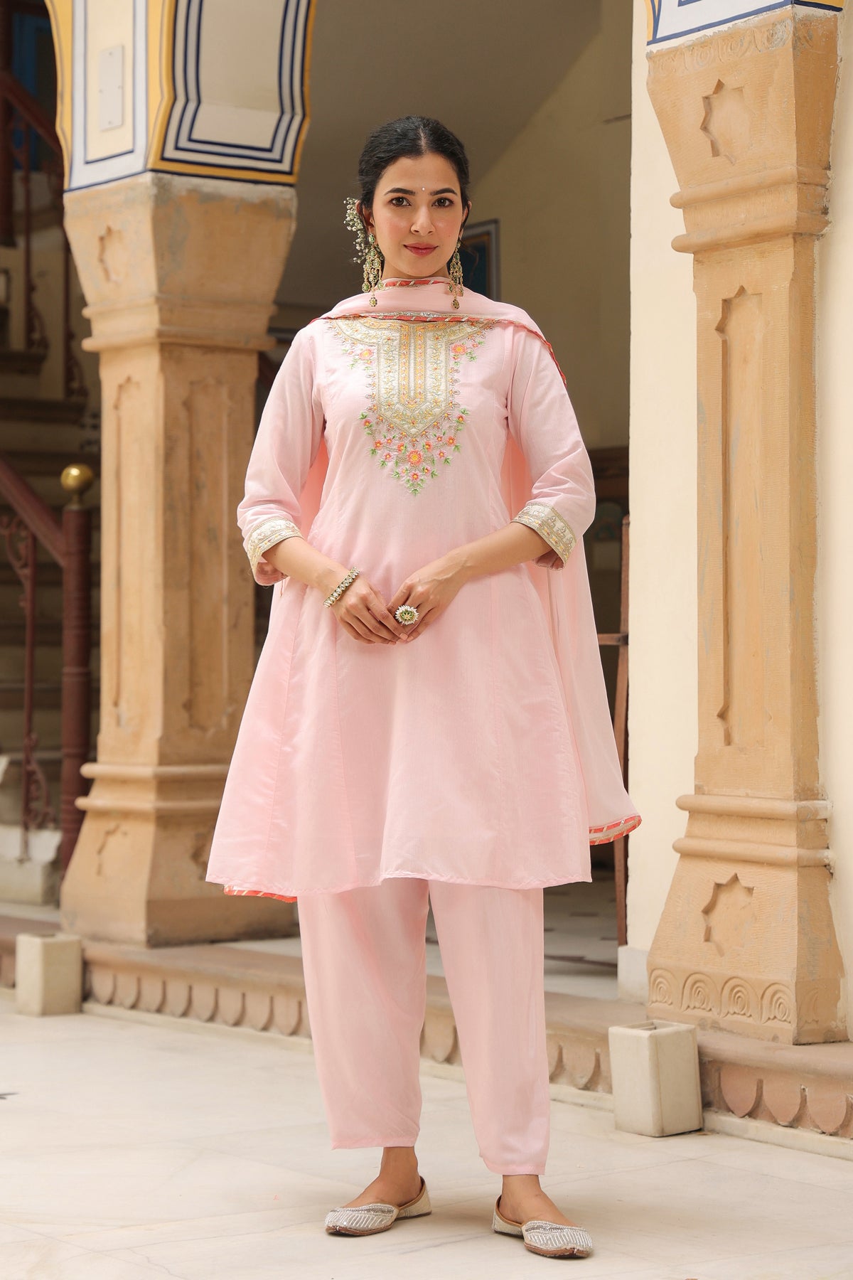 Pink Chanderi Silk Embroidered Anarkali Set