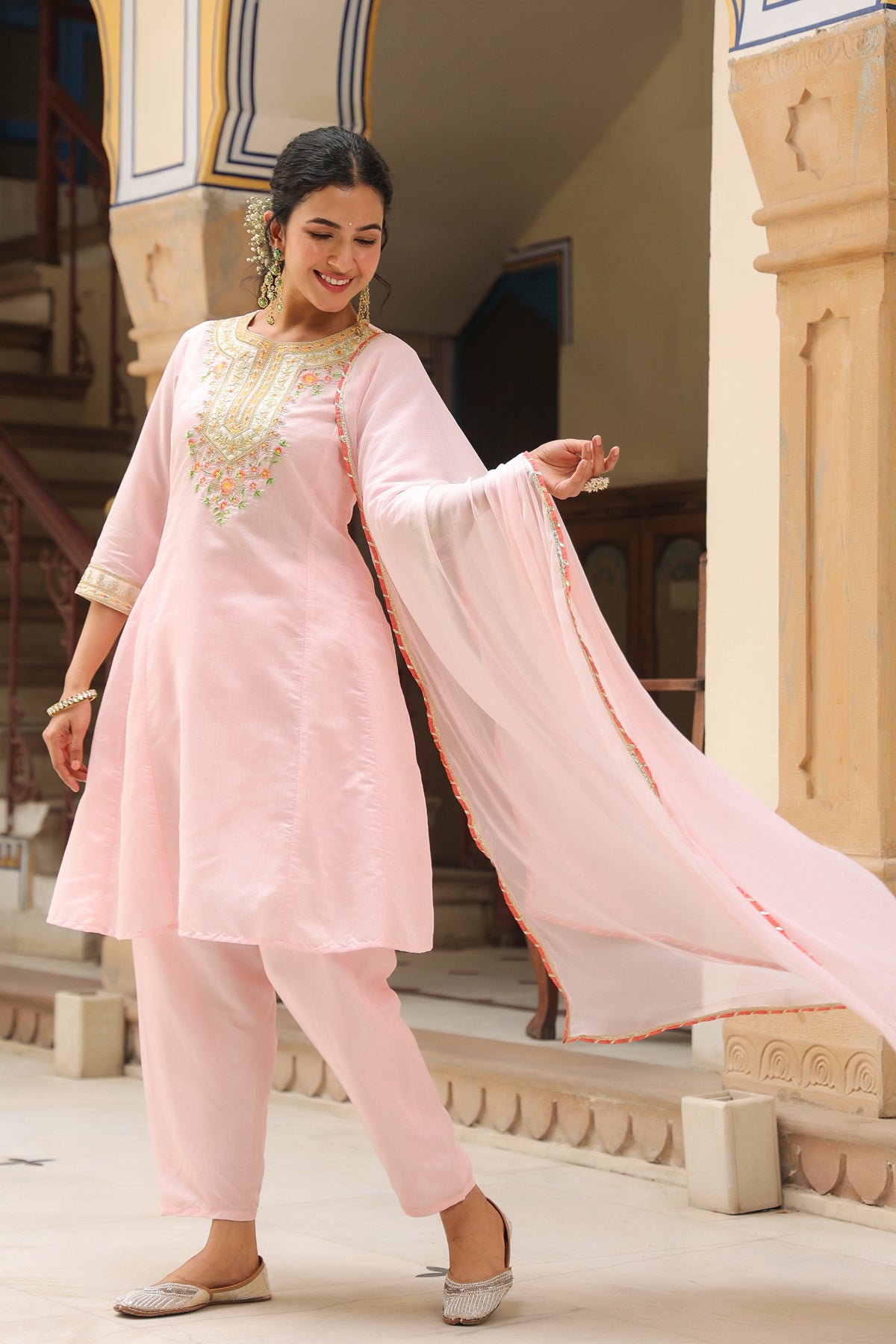 Pink Chanderi Silk Embroidered Anarkali Set