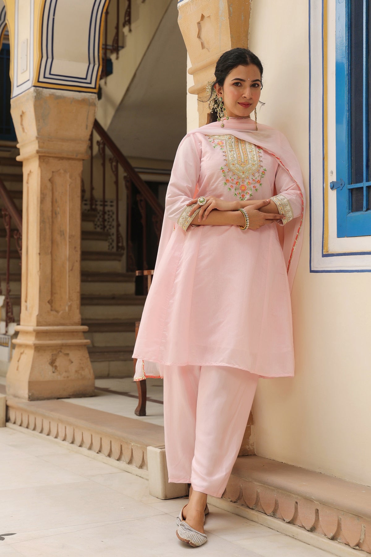 Pink Chanderi Silk Embroidered Anarkali Set