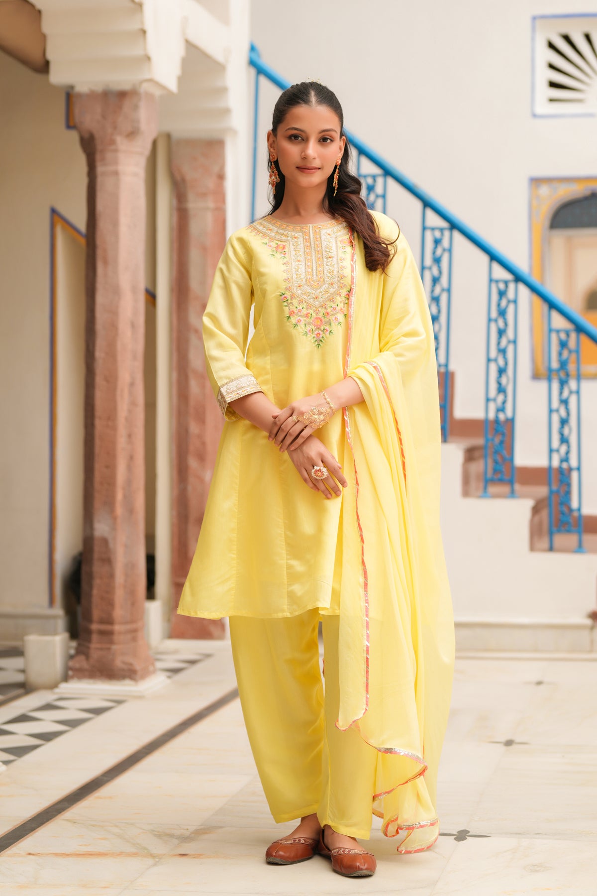 Yellow Chanderi Silk Embroidered Anarkali Set