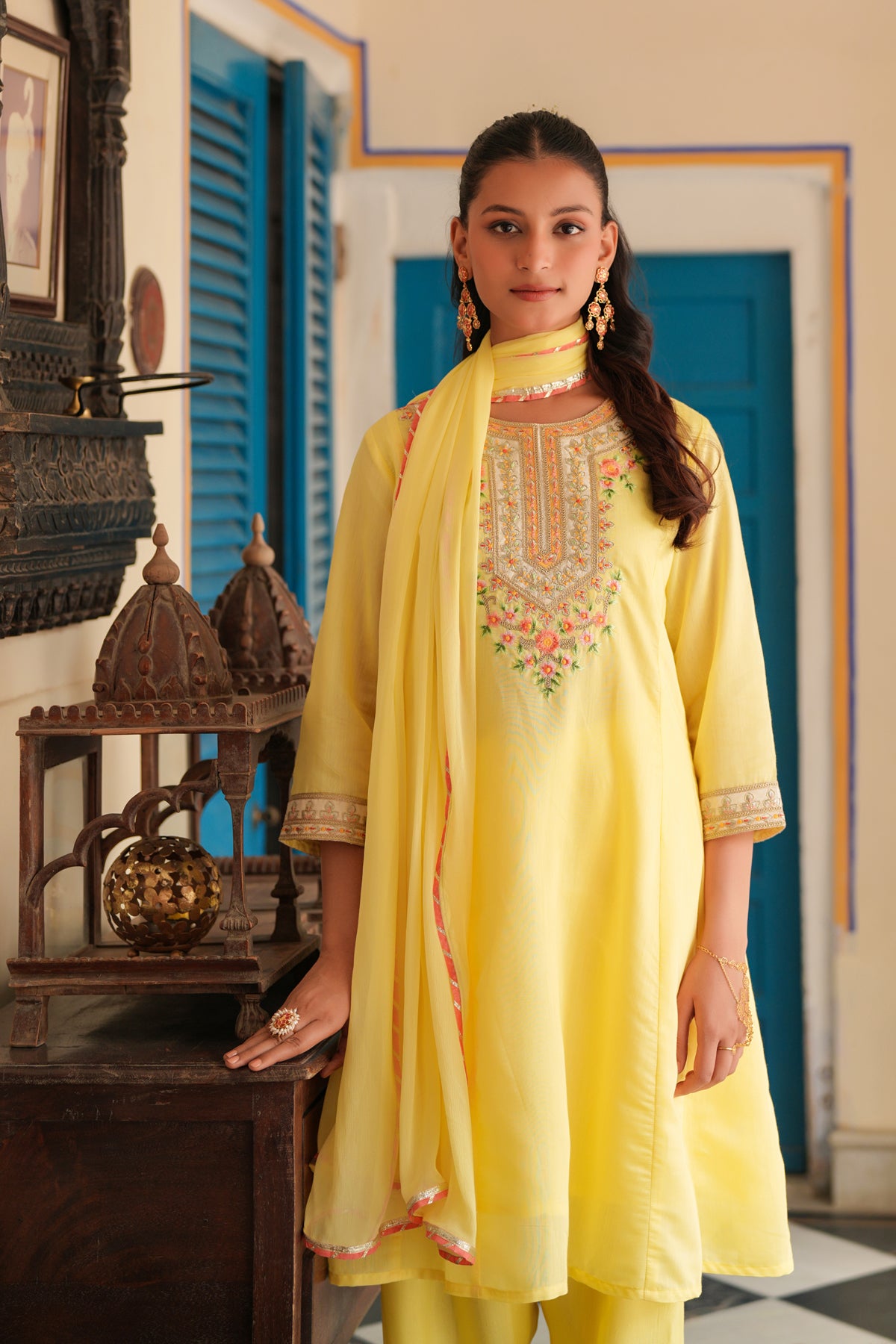 Yellow Chanderi Silk Embroidered Anarkali Set