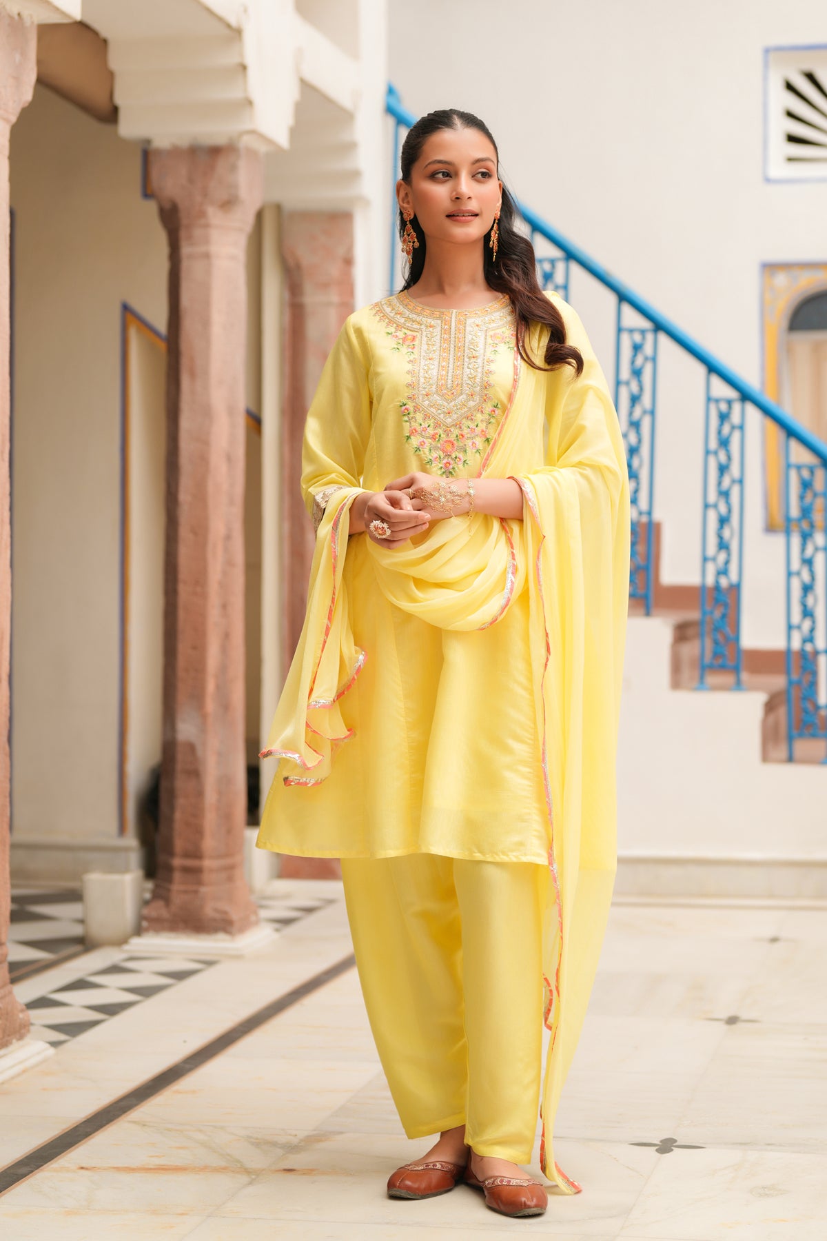 Yellow Chanderi Silk Embroidered Anarkali Set