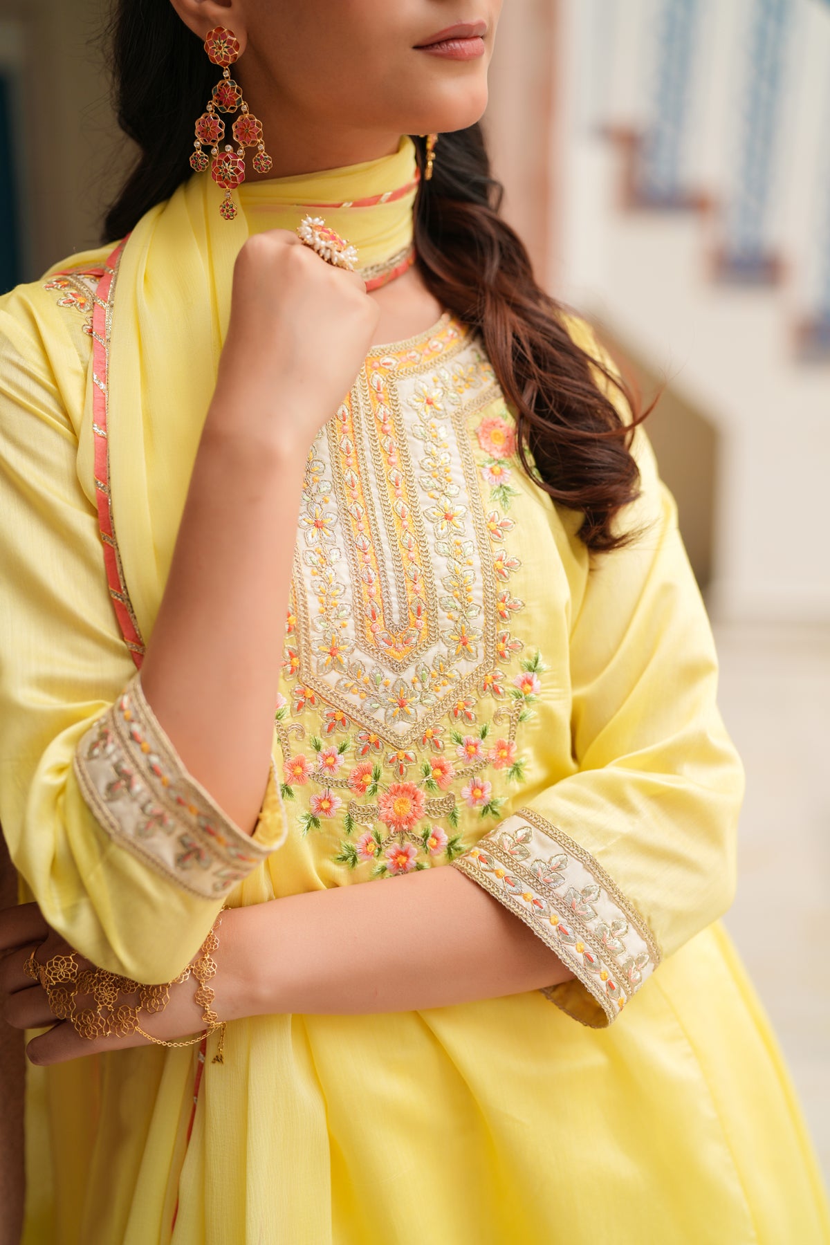 Yellow Chanderi Silk Embroidered Anarkali Set