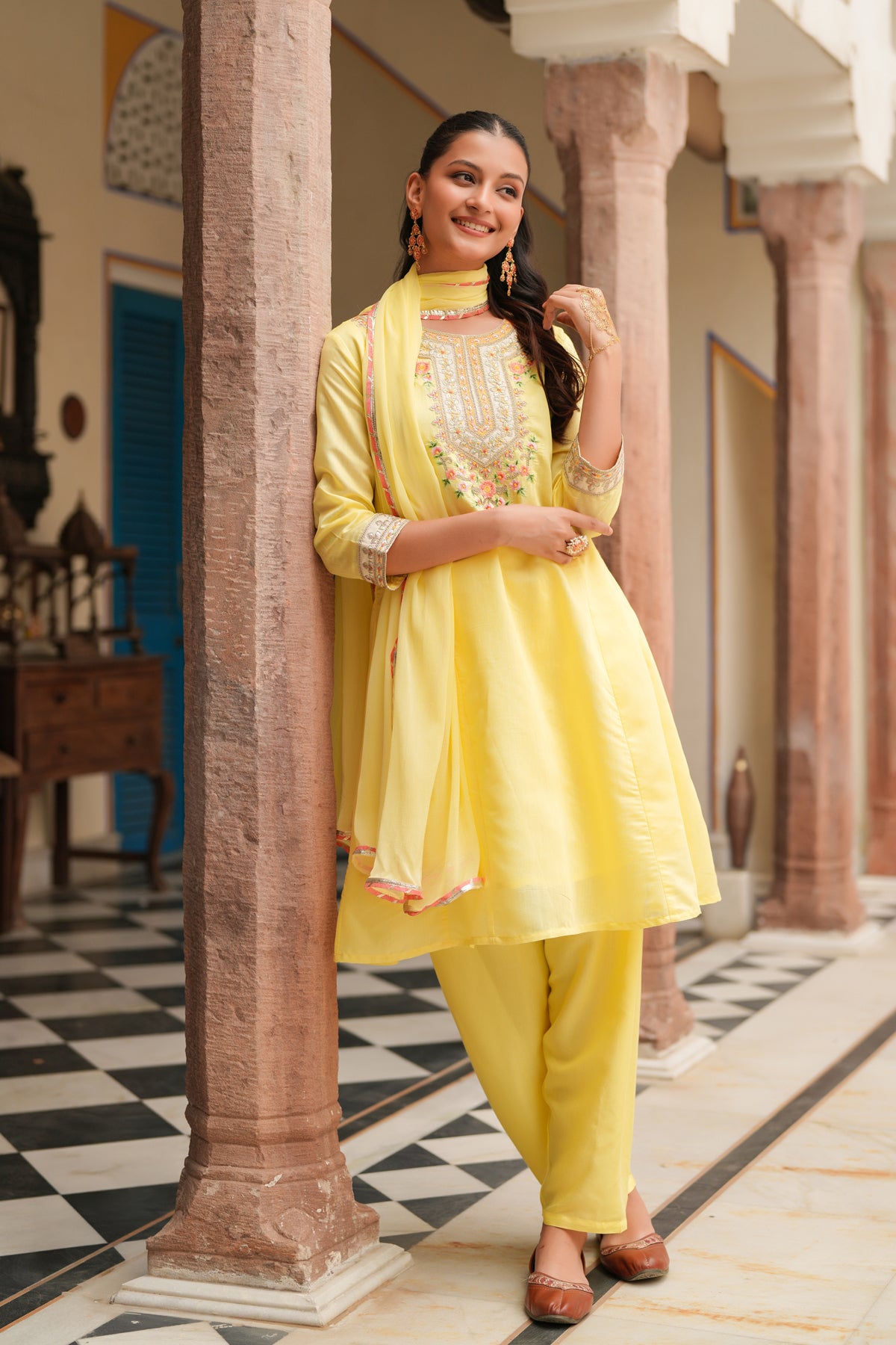 Yellow Chanderi Silk Embroidered Anarkali Set