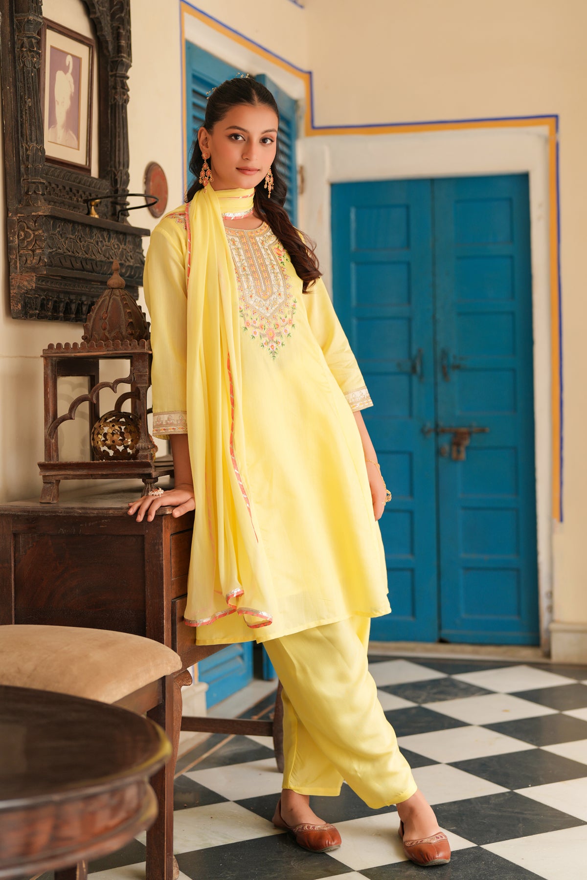 Yellow Chanderi Silk Embroidered Anarkali Set
