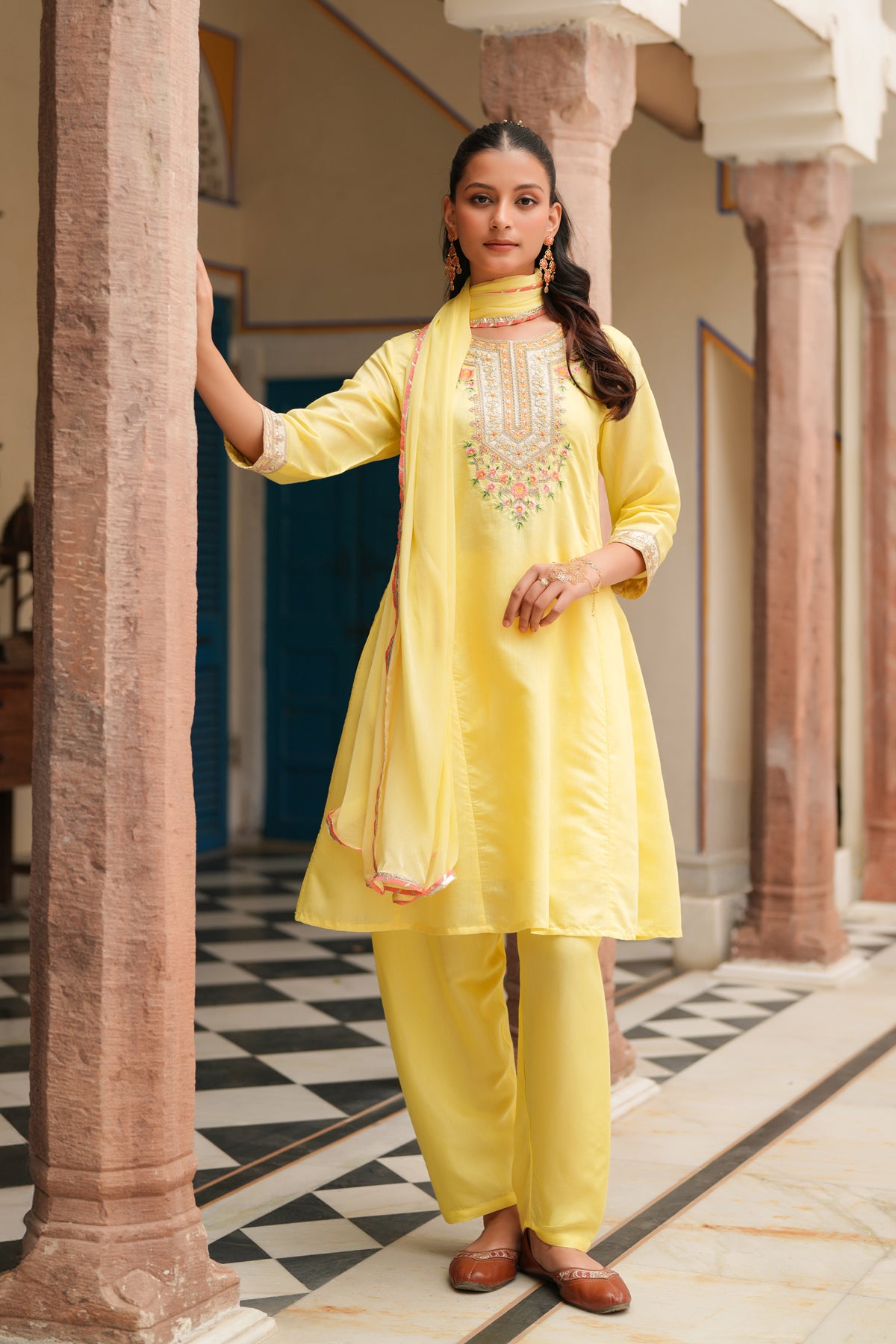 Yellow Chanderi Silk Embroidered Anarkali Set