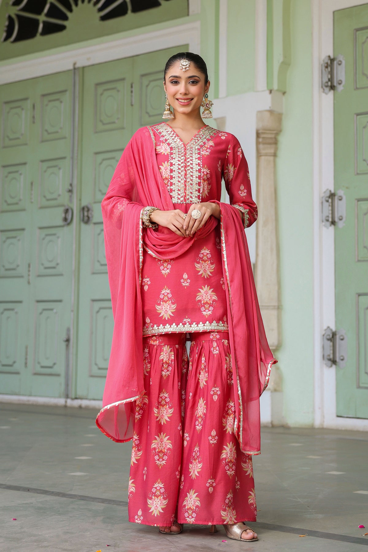 Coral Chanderi Silk Floral Printed Sharara Set