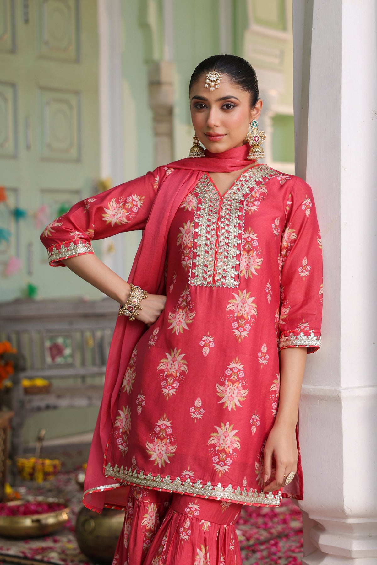 Coral Chanderi Silk Floral Printed Sharara Set