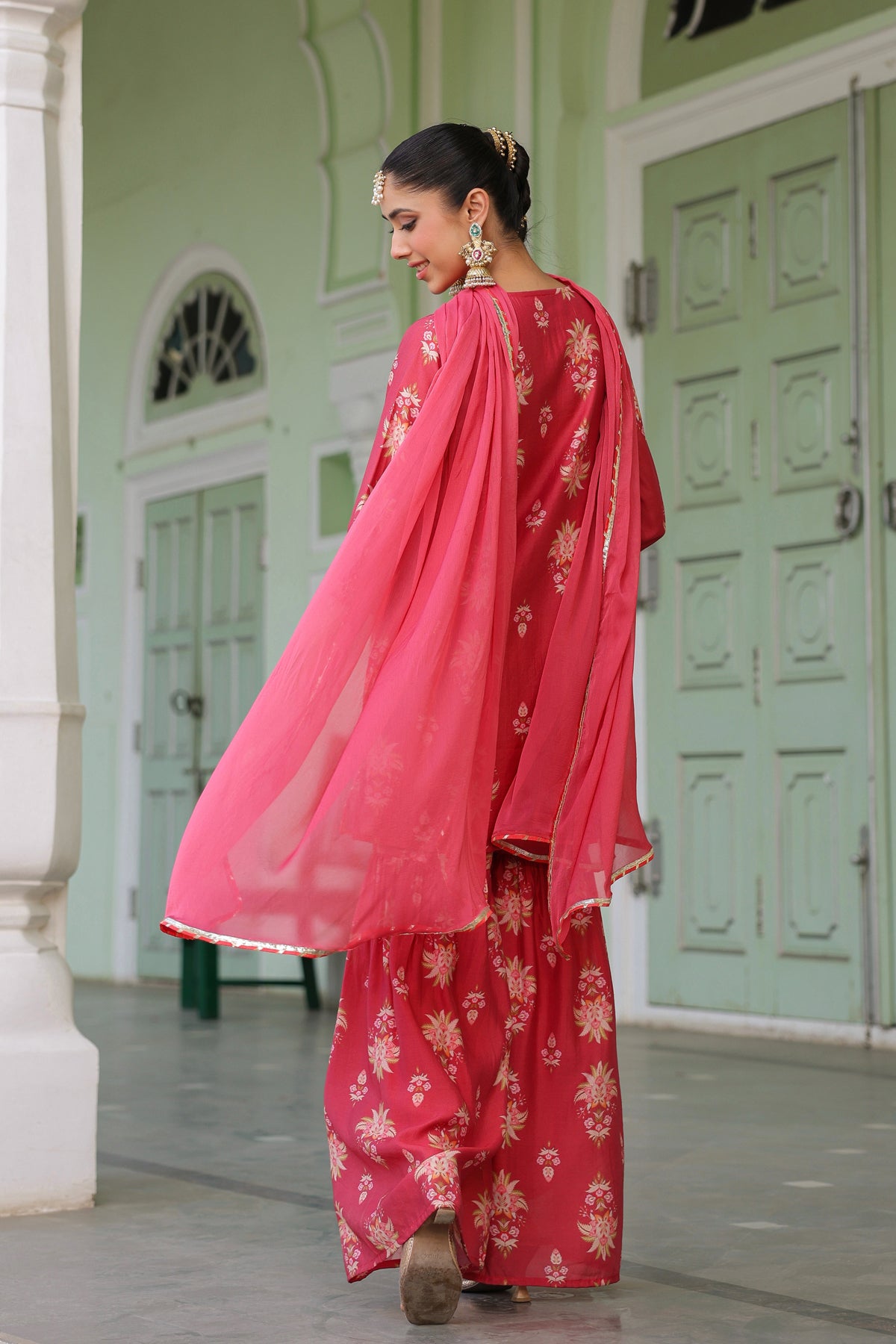 Coral Chanderi Silk Floral Printed Sharara Set