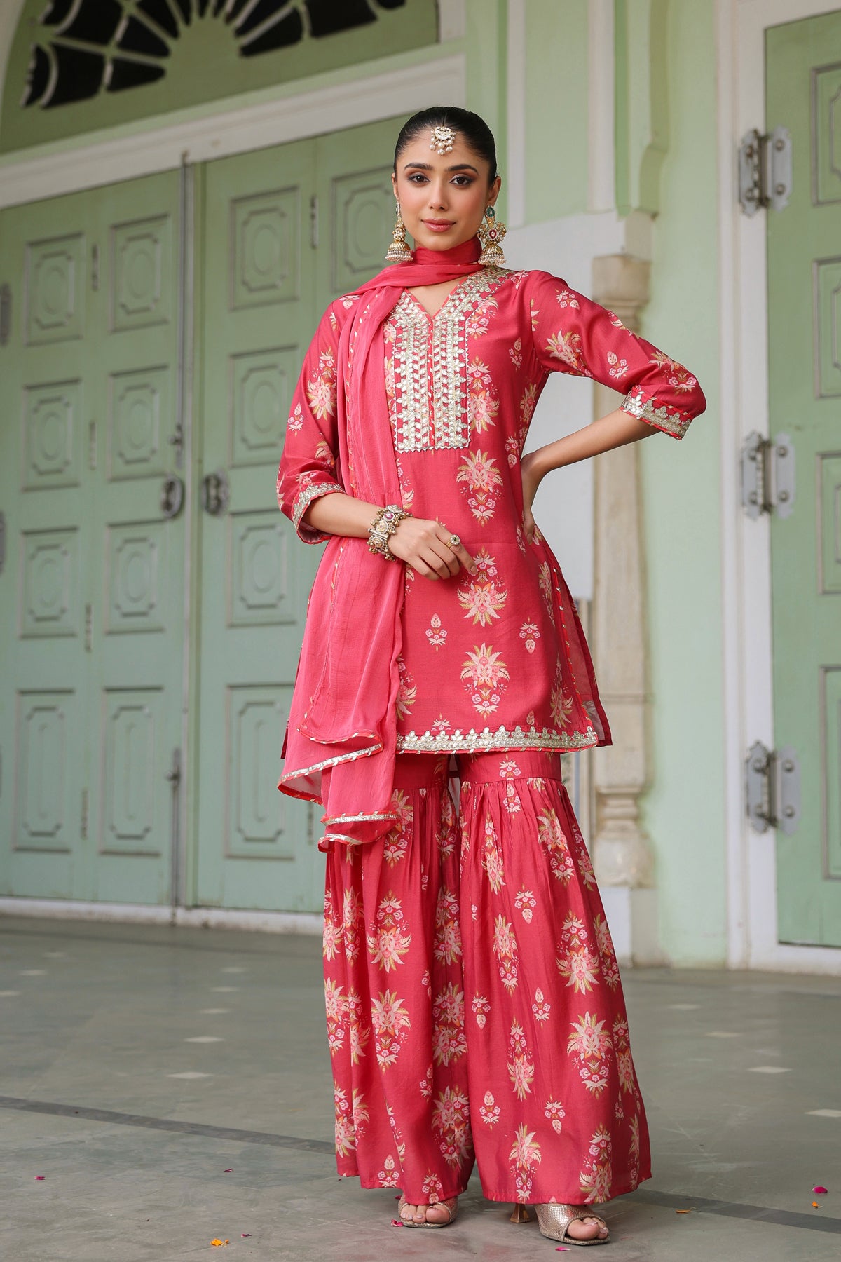 Coral Chanderi Silk Floral Printed Sharara Set
