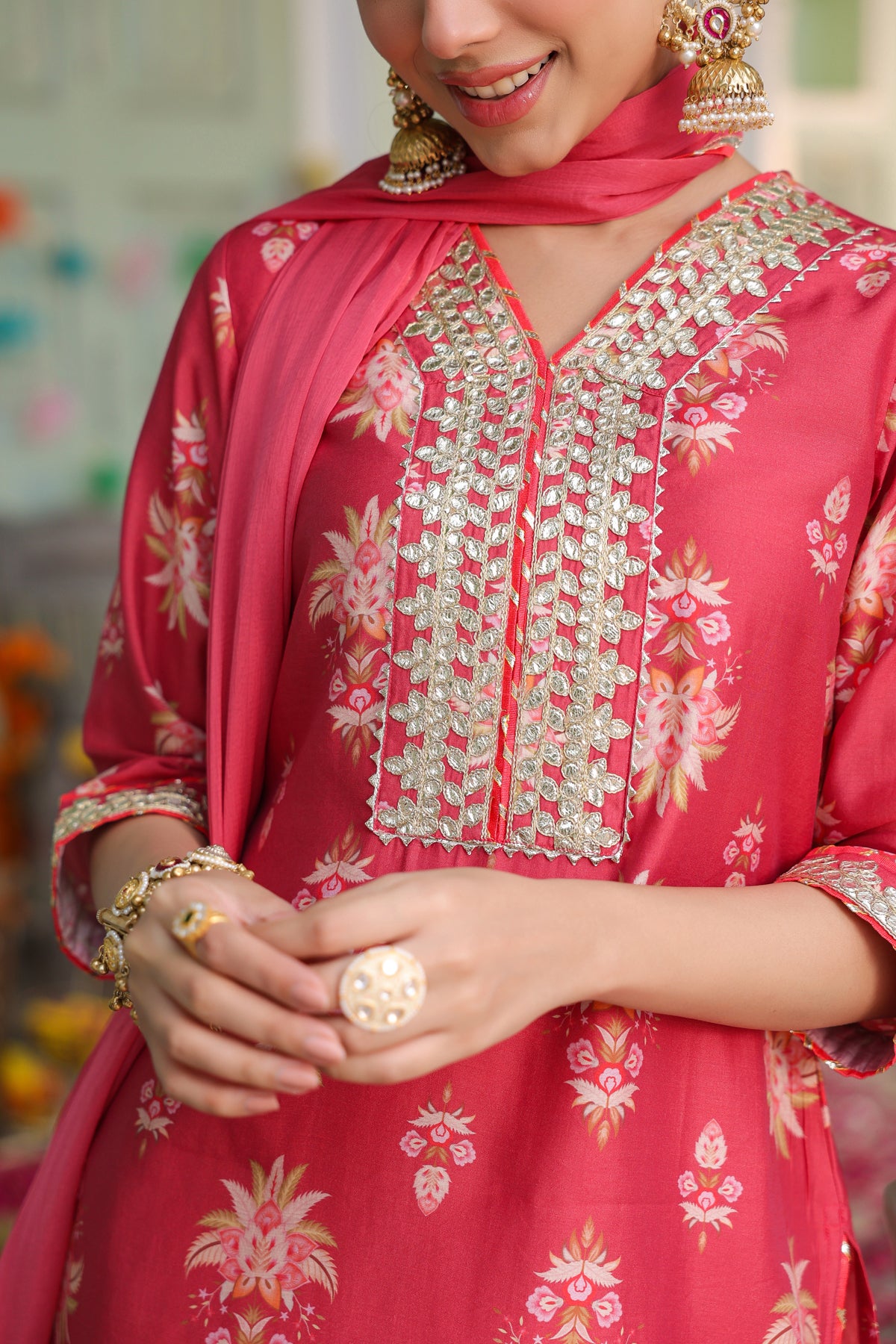 Coral Chanderi Silk Floral Printed Sharara Set