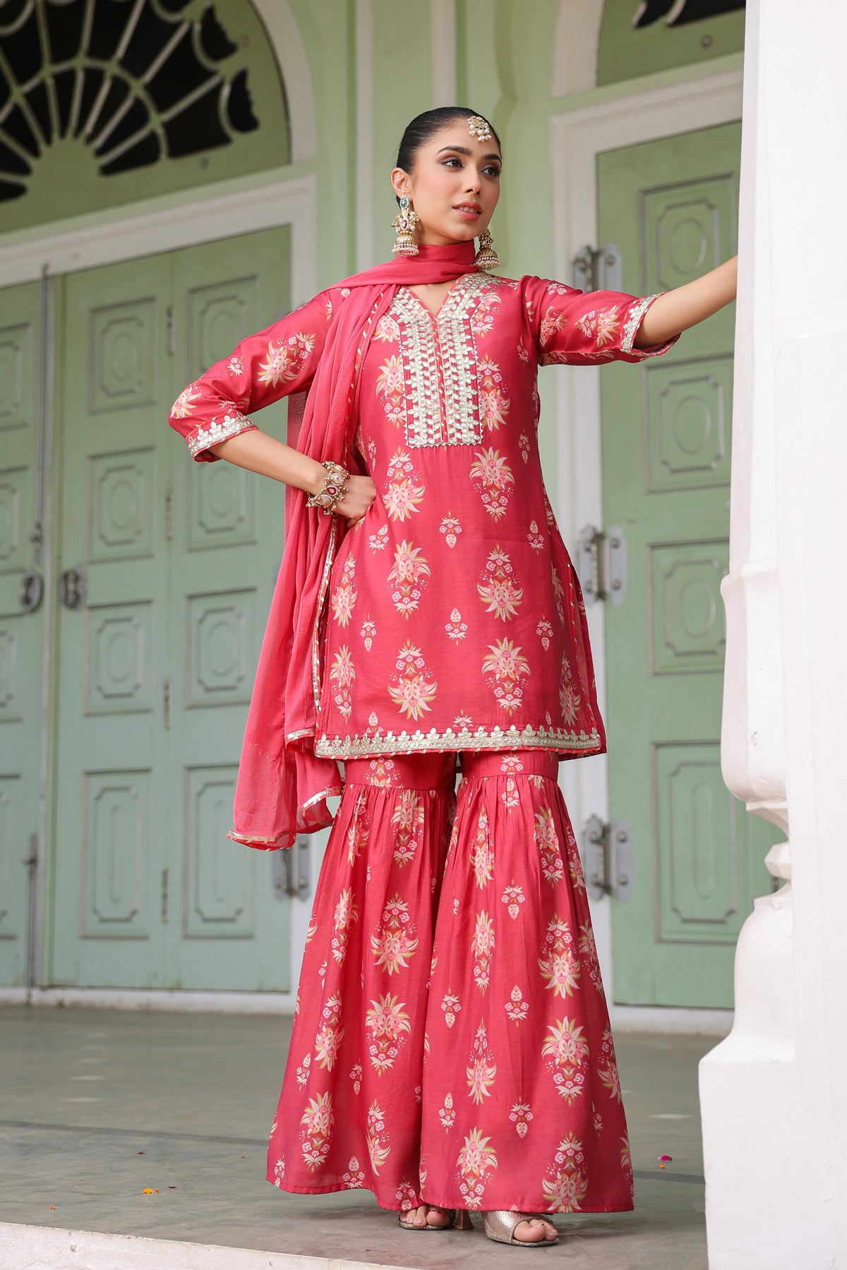 Coral Chanderi Silk Floral Printed Sharara Set