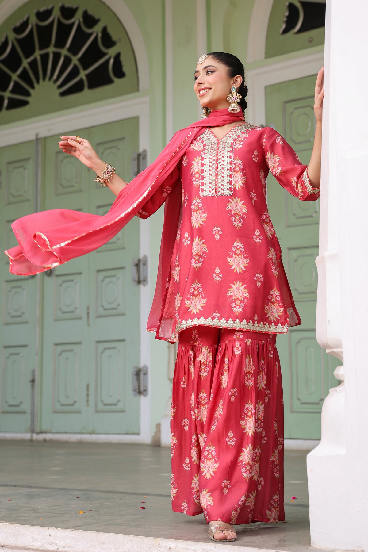 Coral Chanderi Silk Floral Printed Sharara Set