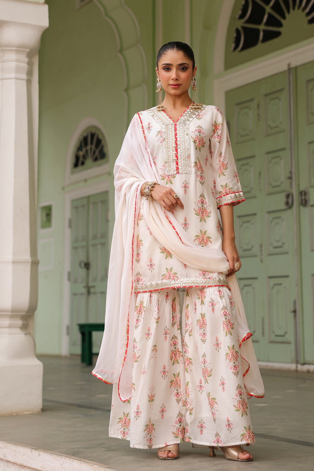 Ivory Chanderi Silk Floral Printed Sharara Set