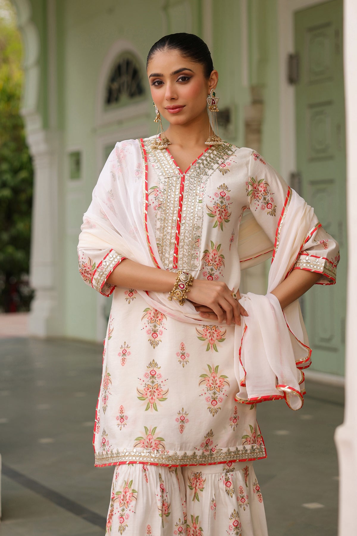 Ivory Chanderi Silk Floral Printed Sharara Set