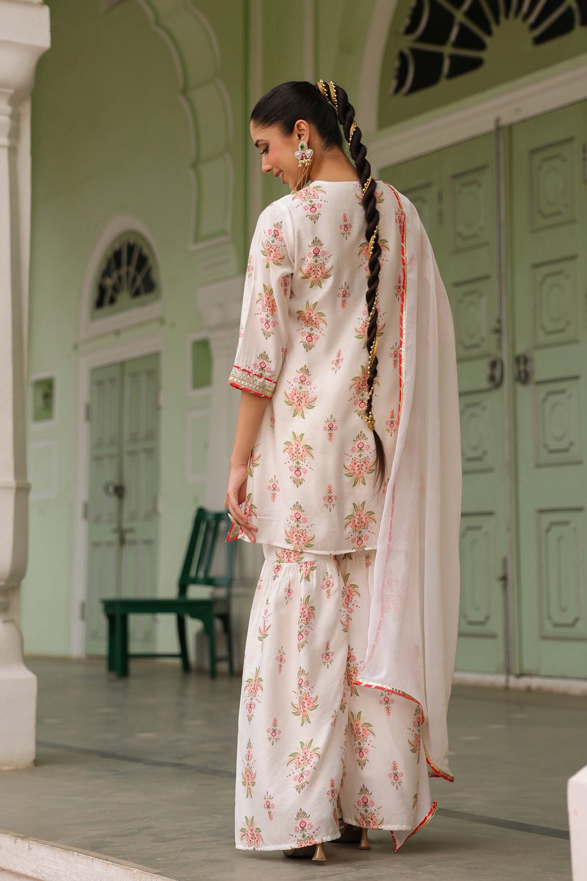 Ivory Chanderi Silk Floral Printed Sharara Set
