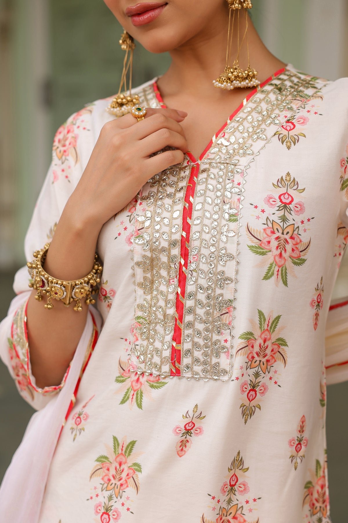 Ivory Chanderi Silk Floral Printed Sharara Set